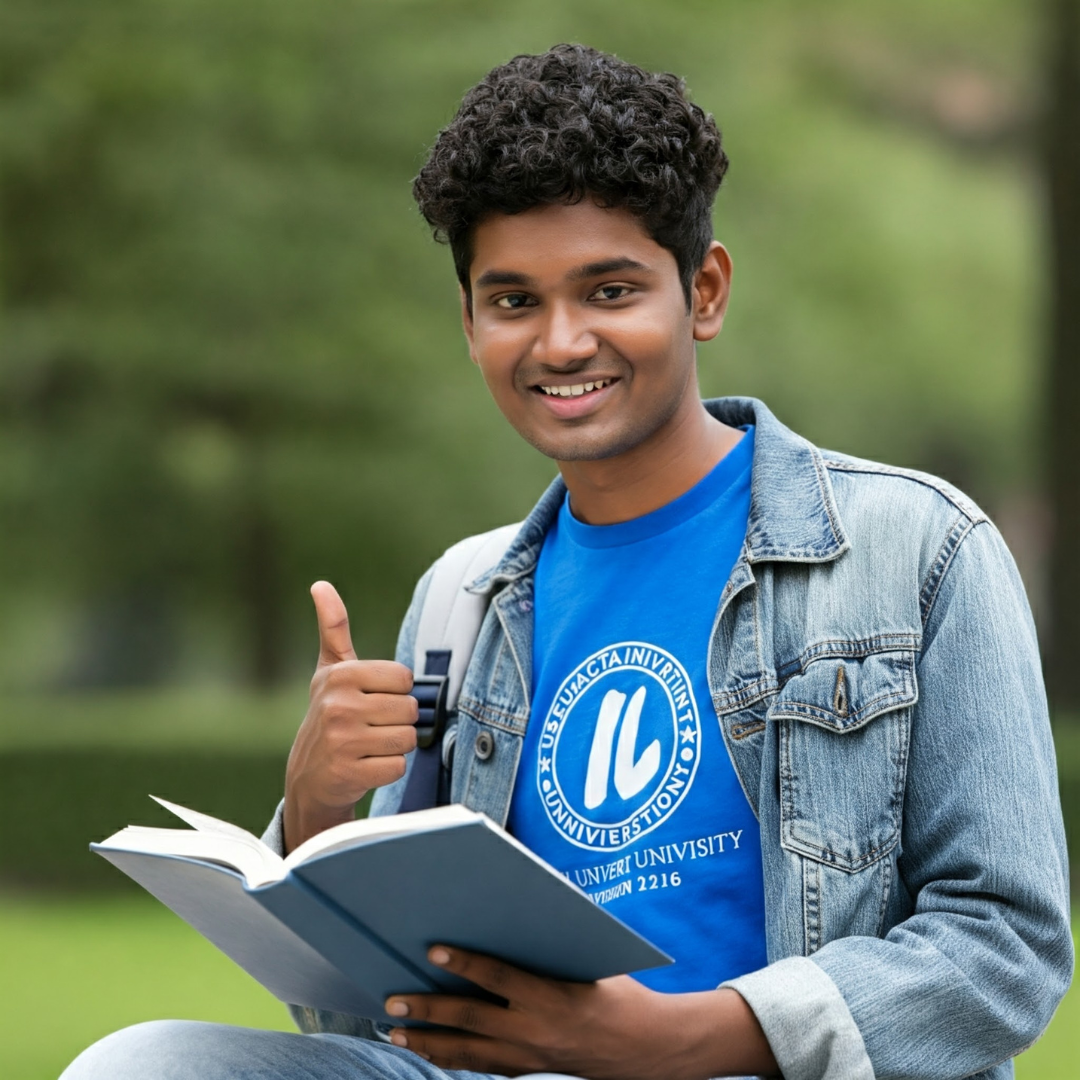 Student holding a book and giving a positive gesture outdoors